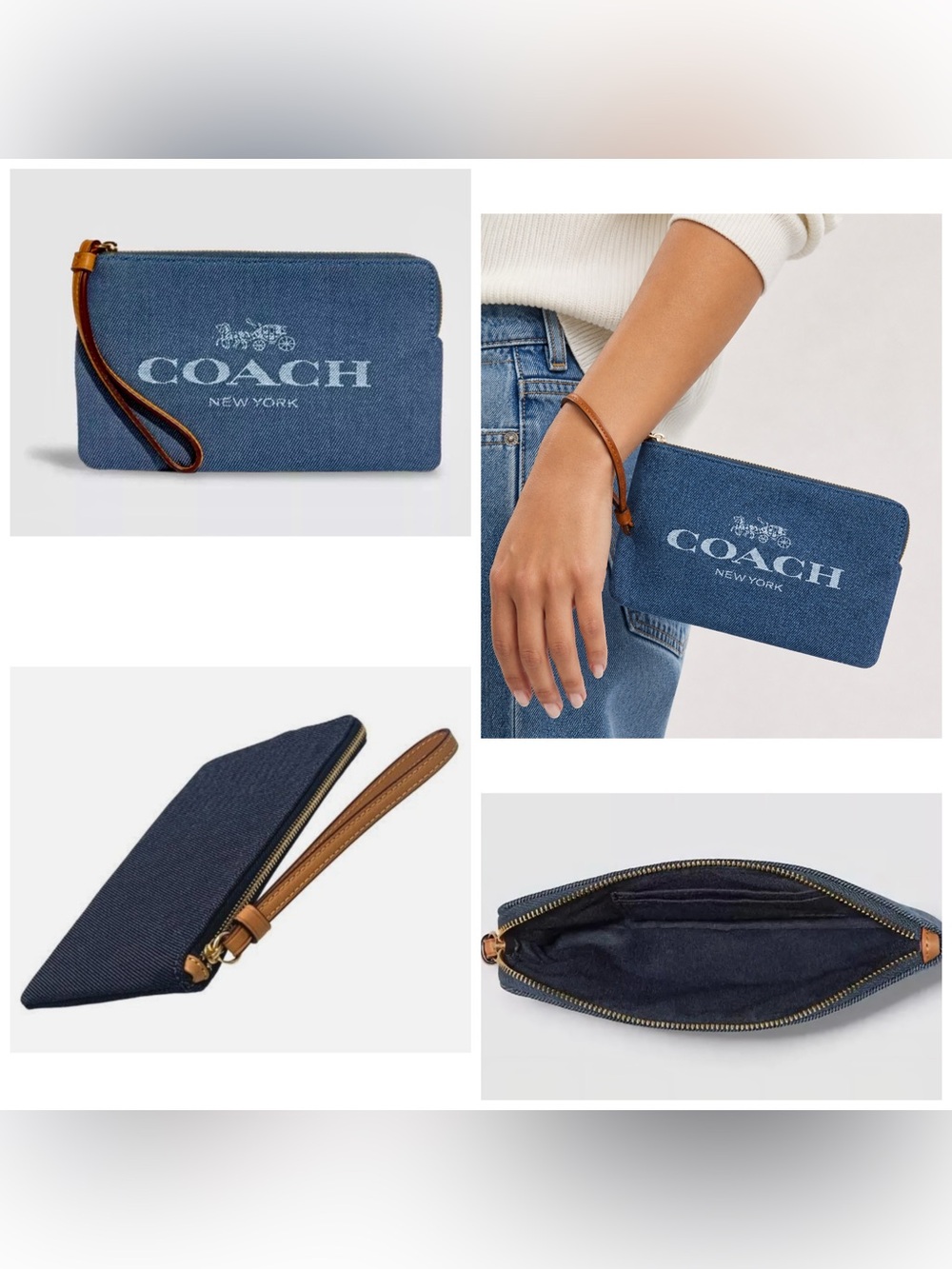Coach Denim and Leather Large Signature Corner Zip Wristlet. - Picture 2 of 14